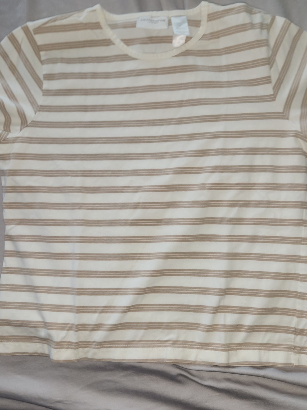 Lizsport By Liz Claiborne Cream & Tan Striped Short Sleeve Tee L